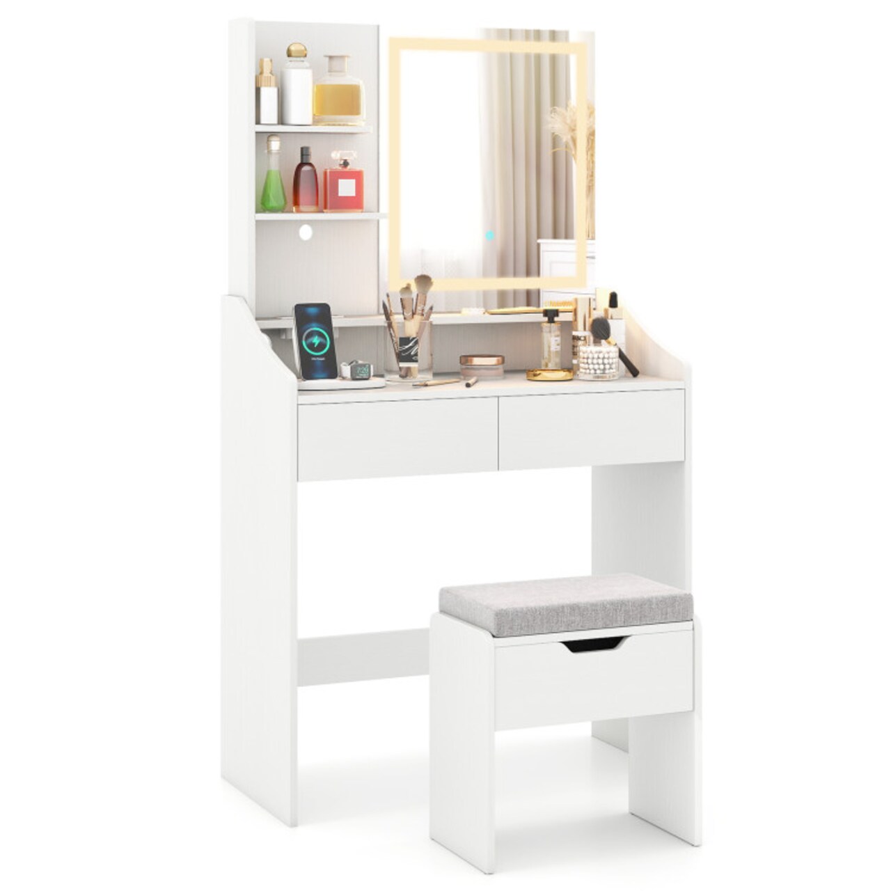 White LED Lighted Vanity Table with 3-Color Dimmable Mirror, Built-in Charging Ports